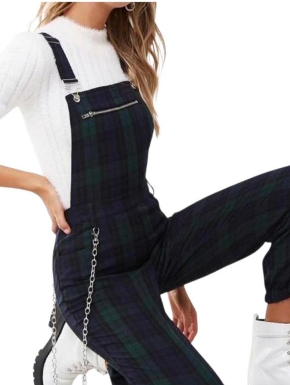 Womens Dark Green & Navy Plaid Overalls